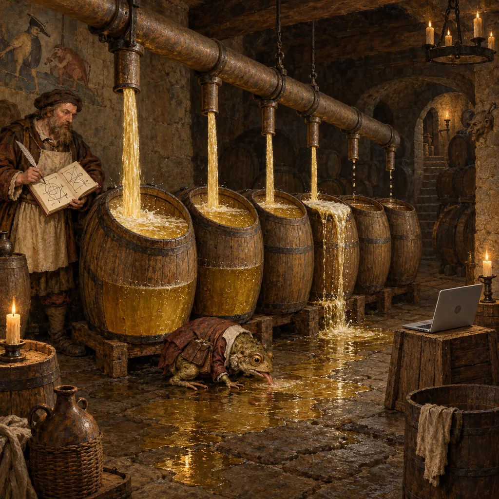 A candlelit Flemish cellar where a pipe pours cider into a row of barrels, one overflowing onto the floor and one dripping slowly into the next, while a brewer with a ledger watches and a laptop sits on a crate.