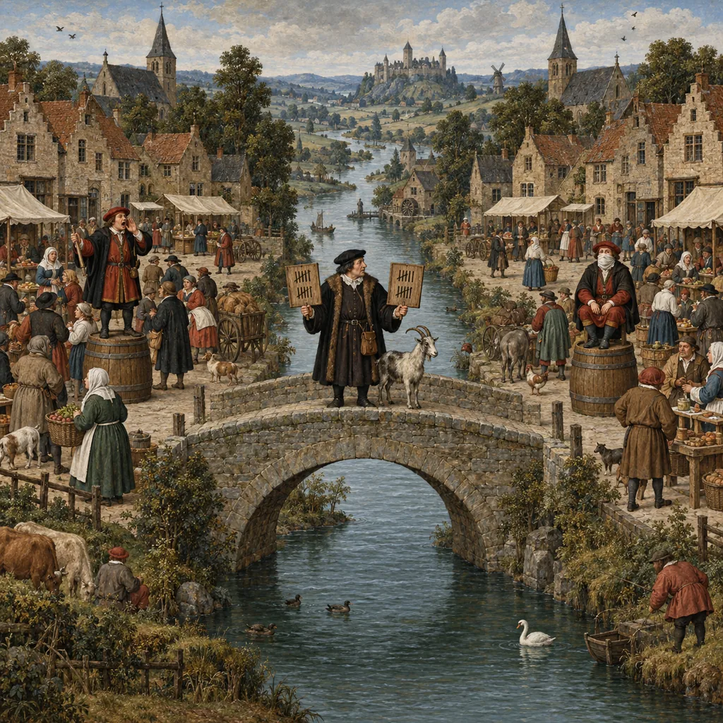 Two matching Flemish villages divided by a river, where a town crier shouts in one and sits gagged in the other, while a clerk on the bridge counts both crowds on two tally boards beside a goat.