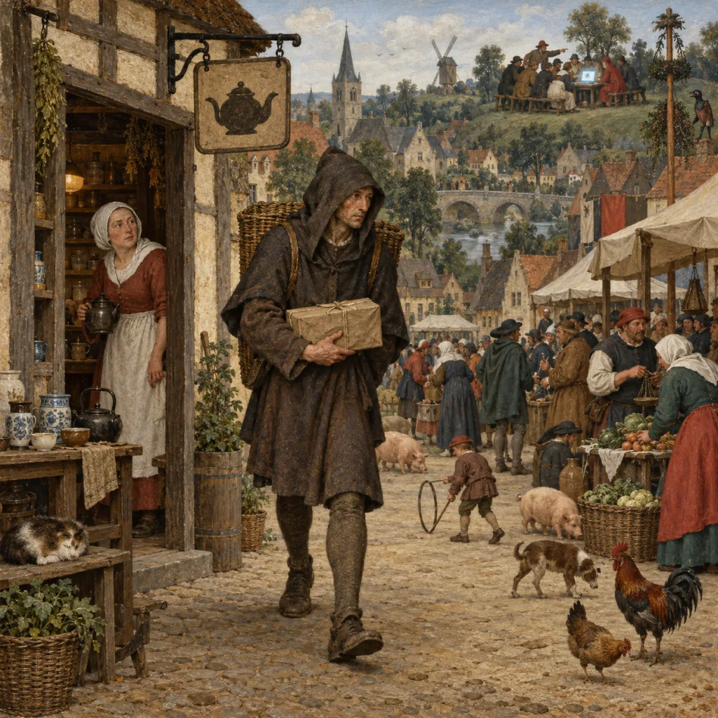 A Flemish-style village market where a hooded courier with a basket walks out of a small tea shop with a parcel, while the shopkeeper in the doorway looks at the empty street, and far behind them villagers on a hill gather around a glowing laptop.