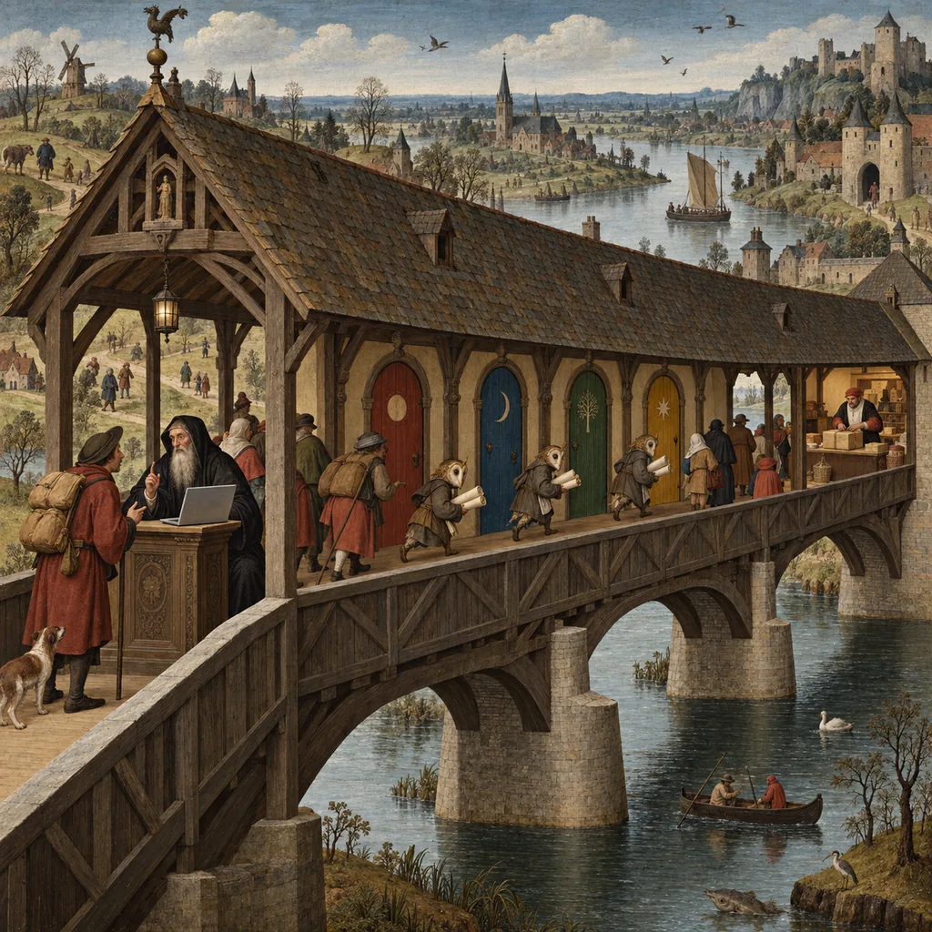 A Bosch-style covered bridge where a traveller questions a robed oracle at a lectern with a laptop, while small owl-headed clerks run with scrolls to four doors along the bridge wall, and at the far end a merchant wraps a parcel for a traveller who never left the bridge.