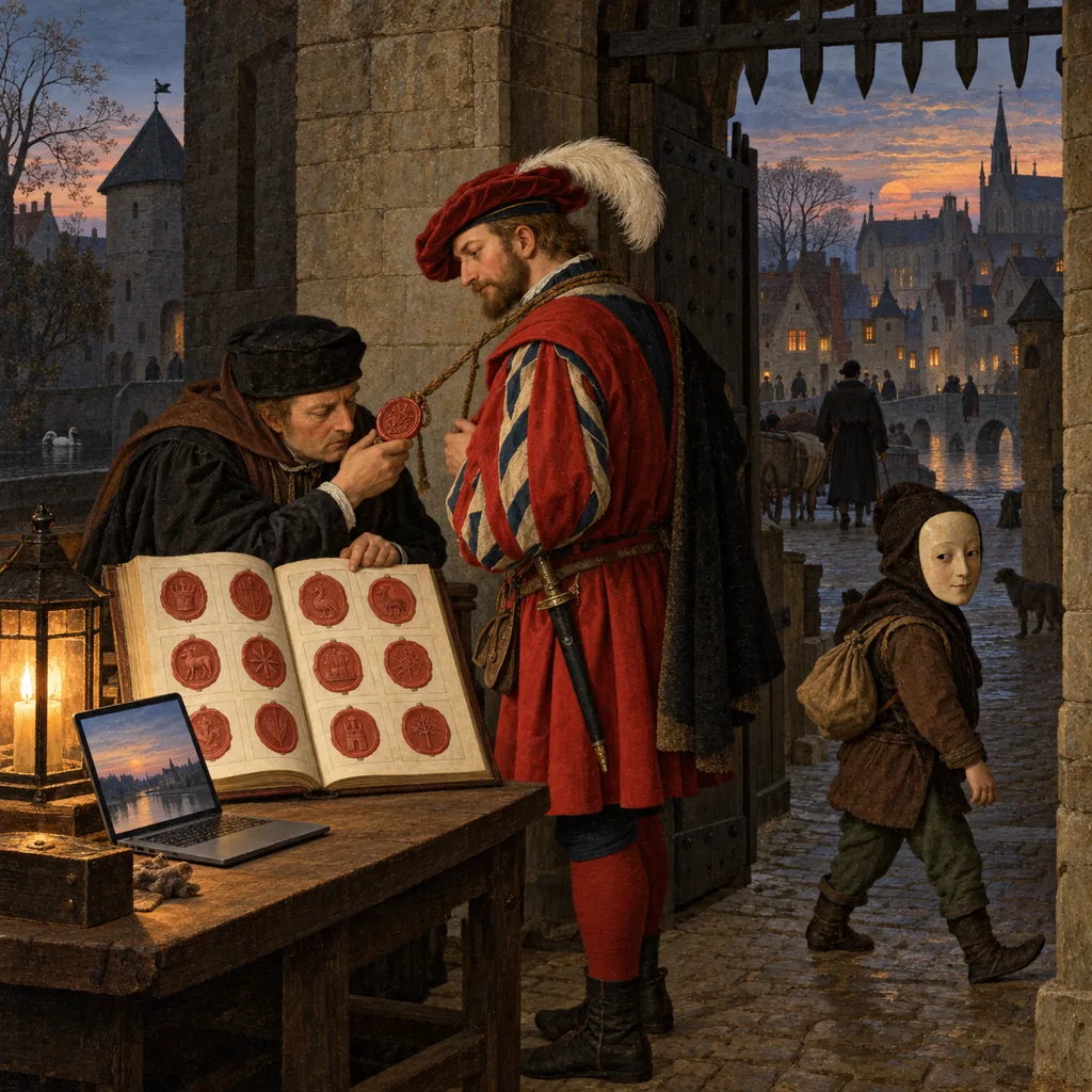 A Flemish-style town gate at dusk where a gatekeeper checks the wax seal of a liveried messenger against a book, while a small creature in a perfect human mask walks past him unnoticed, beside a lantern and an open laptop.