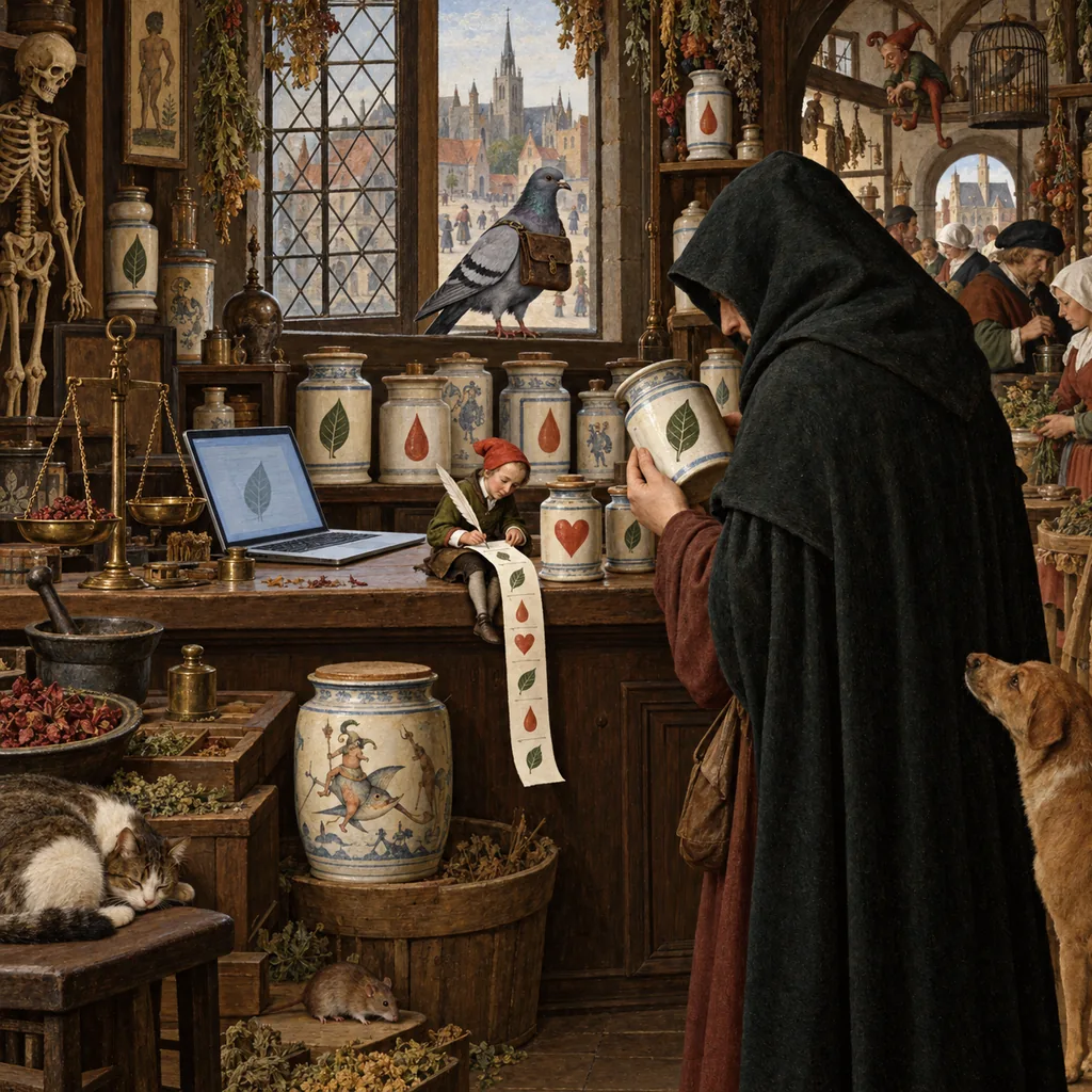 A Flemish-style apothecary shop where a thimble-sized clerk on the counter copies the label of each jar a cloaked customer picks up, while a pigeon with a satchel waits on the windowsill and a glowing laptop sits among the jars.
