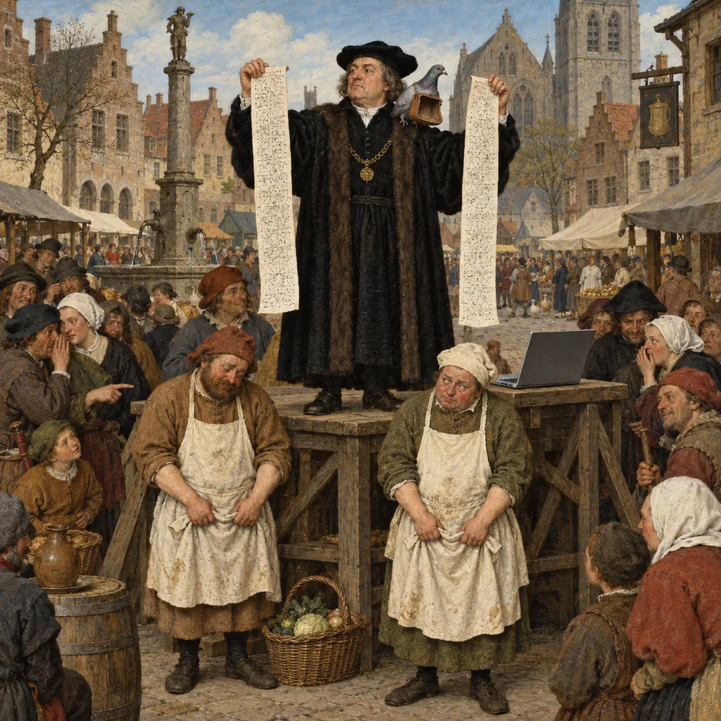 A Flemish-style town square where a robed magistrate on a platform holds up two long strips of paper covered in marks, while two sheepish shopkeepers stand below and a pigeon with an empty satchel sits on his shoulder.