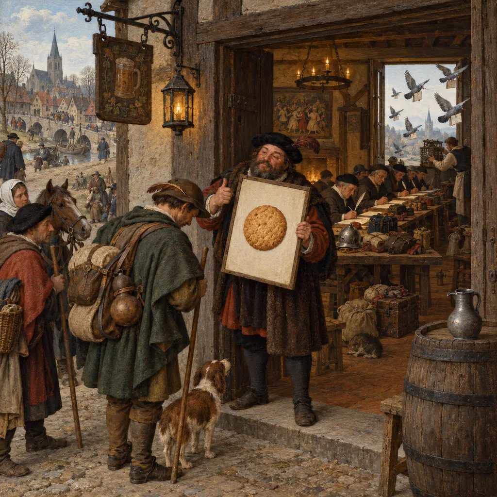 A Flemish-style inn doorway where a doorman shows travellers a board painted with a cookie and asks them to nod, while inside a row of tiny clerks copies what each traveller carries and pigeons fly out the back window.