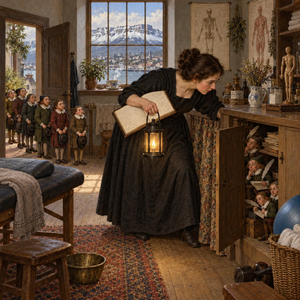 A Bruegel-style clinic room with a snowy mountain through the window, where a woman with a lantern and a ledger finds tiny clerks hiding under a counter and in a cupboard, while others wait in a line by the door and a cup of tea steams on the sill.