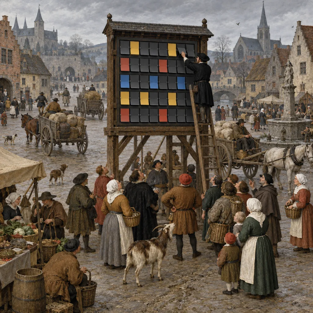 A Flemish-style village square on a grey morning where a clerk on a ladder flips the tiles of a large modern departures board, while below some carts leave at once and others wait with their drivers sitting down.