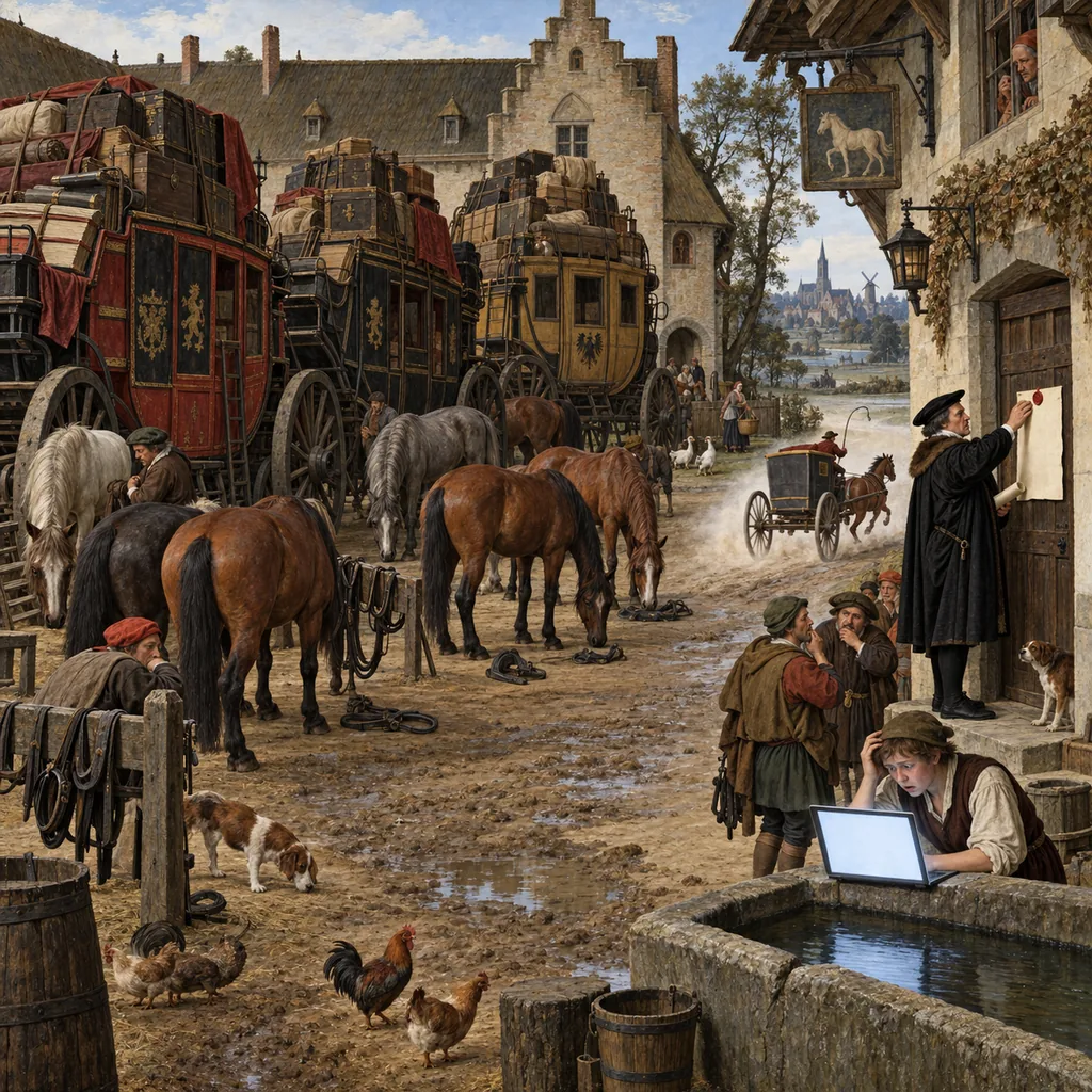 A Flemish-style coaching-inn yard where three heavy stagecoaches wait with their horses unharnessed while an official pins a notice to the door, a small post cart leaves at speed, and a stable boy reads a laptop on a water trough.