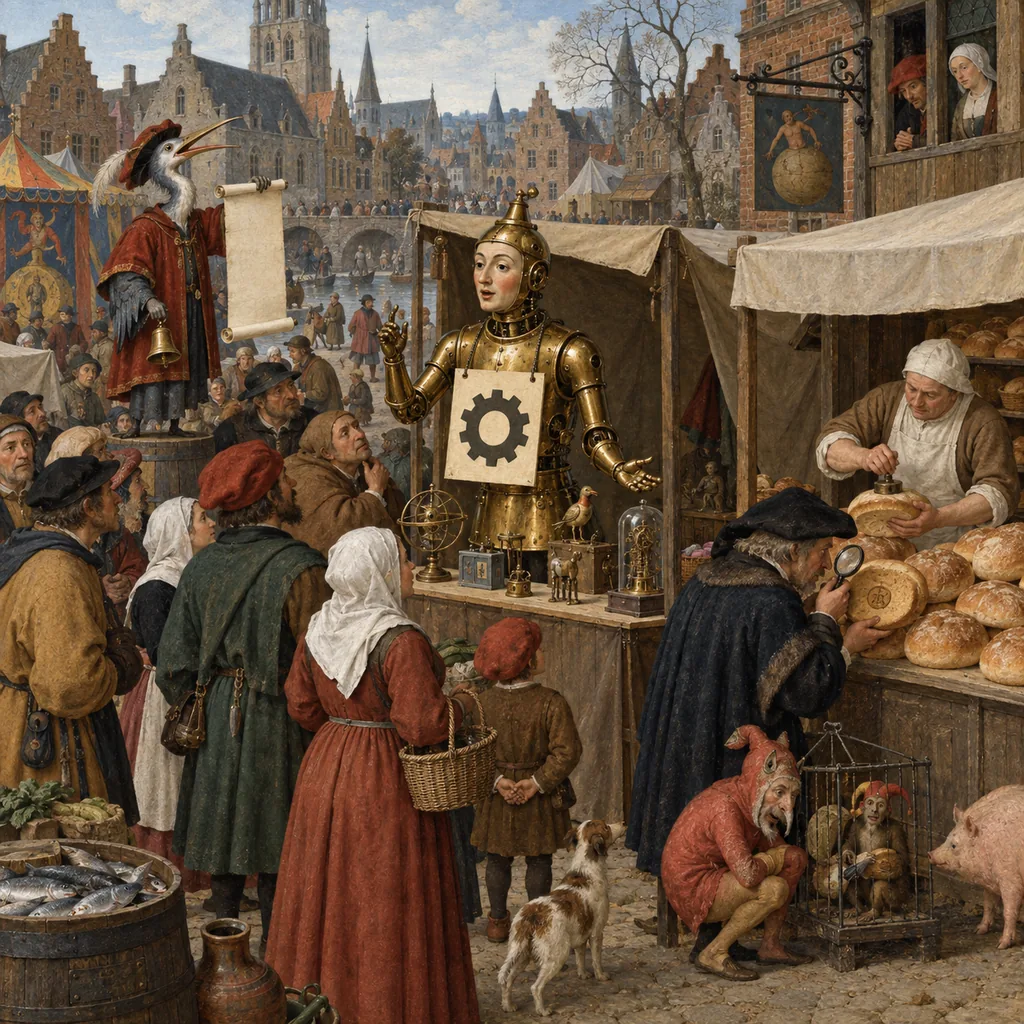 A Bosch-style market street where a brass automaton wearing a sign talks to customers, a baker presses a small wax seal into each loaf while a customer looks for it with a magnifying glass, and a heron-headed town crier reads a notice.