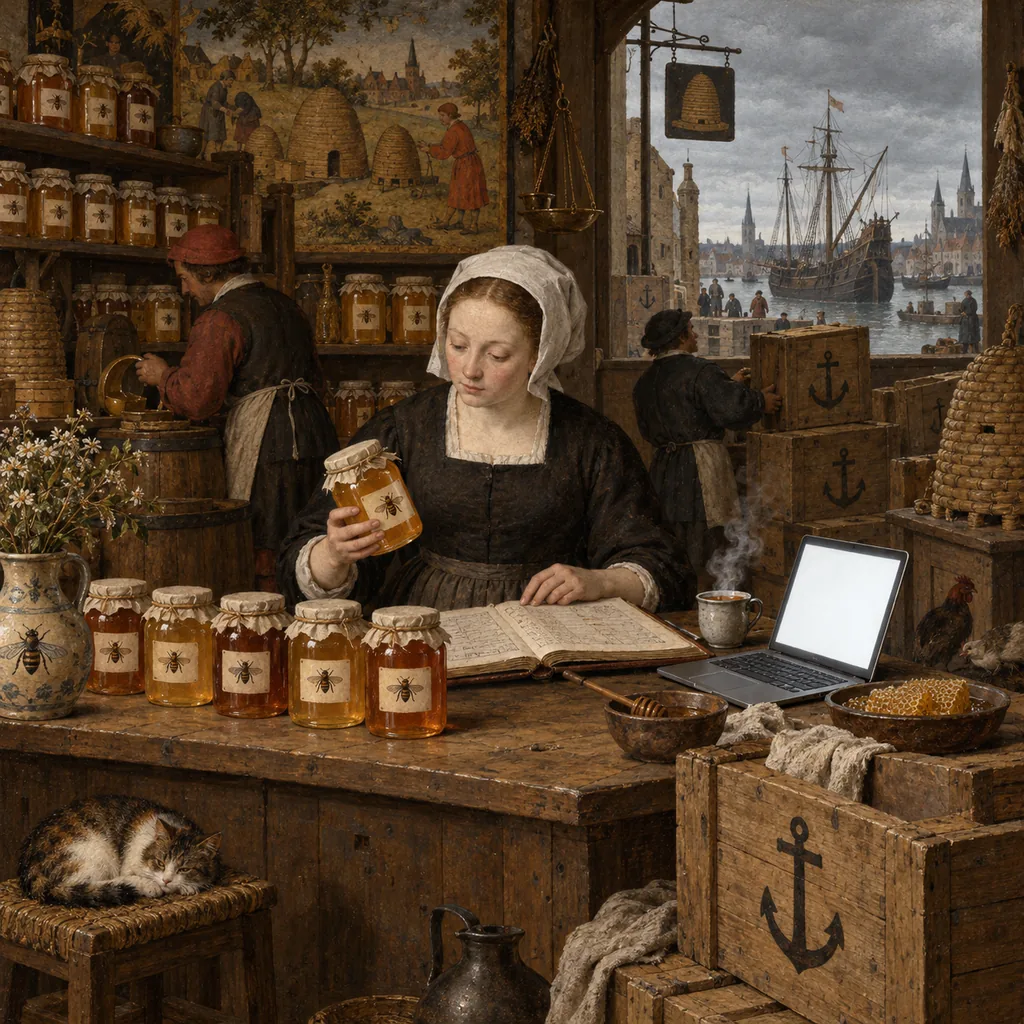 A Flemish-style honey shop crowded with jars and hives, where a woman checks jar labels against a ledger beside an open laptop and a cup of tea, while a ship waits in the harbour outside.