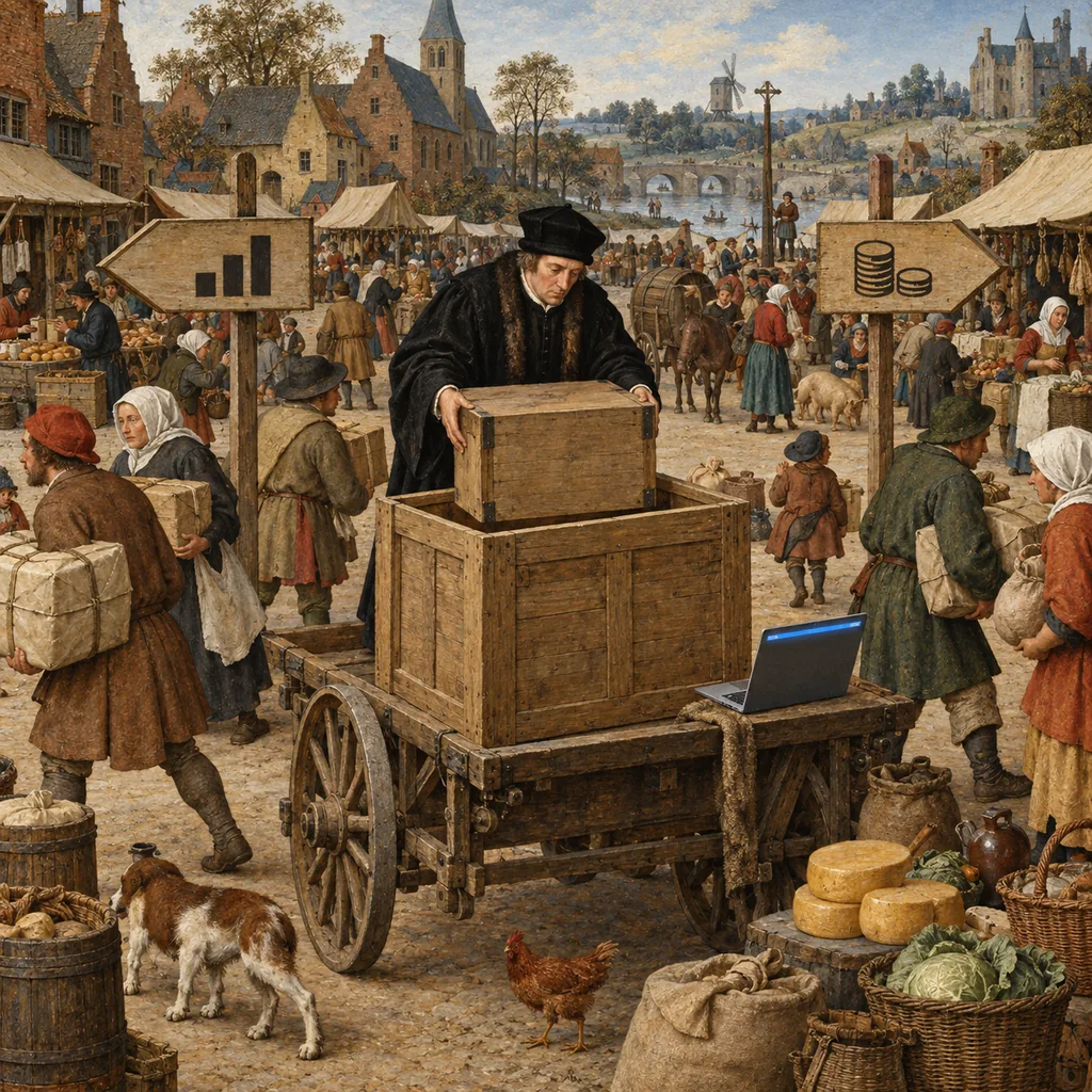 A Flemish-style village market where a robed clerk lowers a small wooden box into a larger open crate on a cart, while peasants carry parcels towards two signposts and a laptop with a glowing blue banner sits on the edge of the cart.