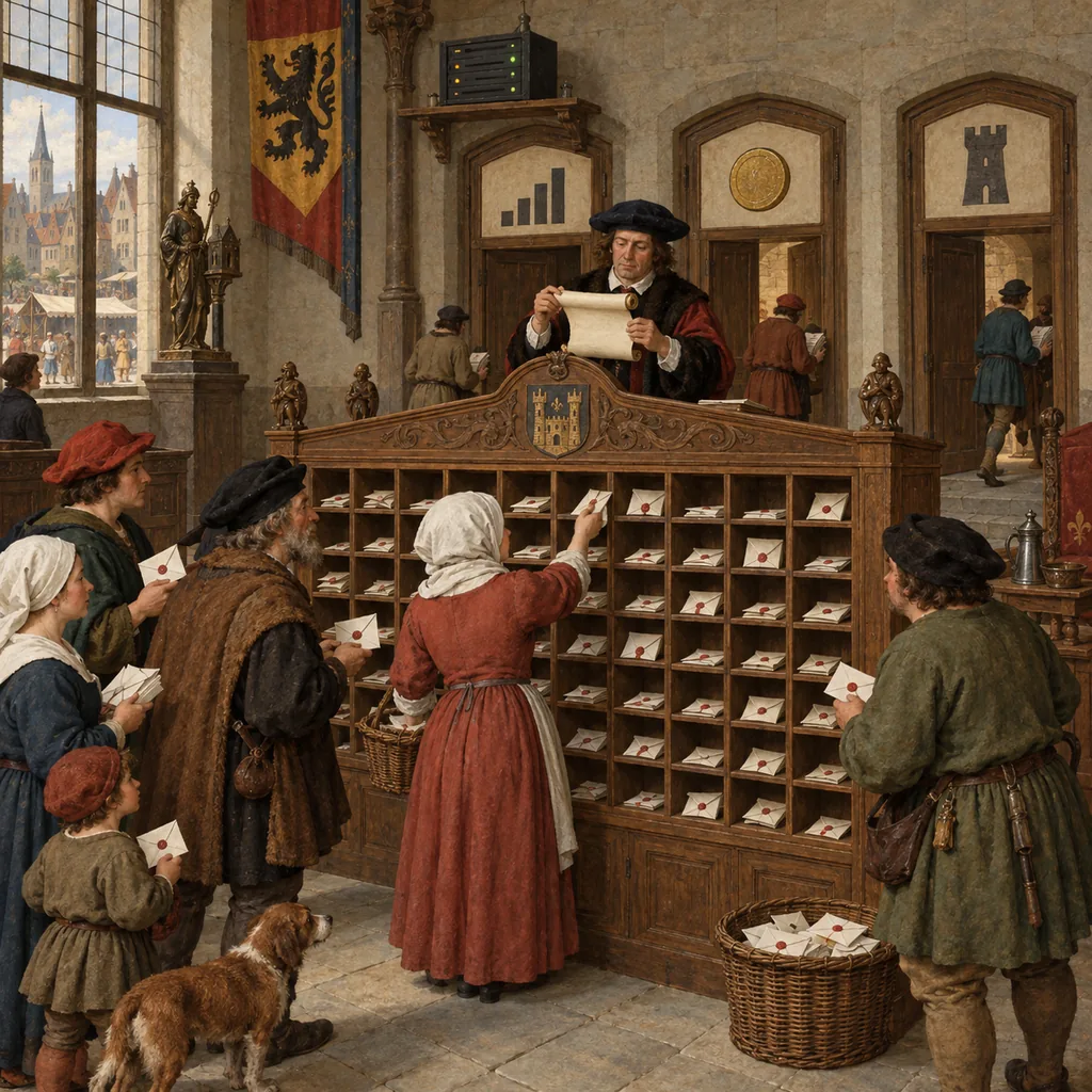 A crowded Flemish-style mail room where townsfolk drop letters into one large sorting cabinet, and a clerk behind it reads a scroll of instructions and sends the letters through different doors marked with painted symbols.