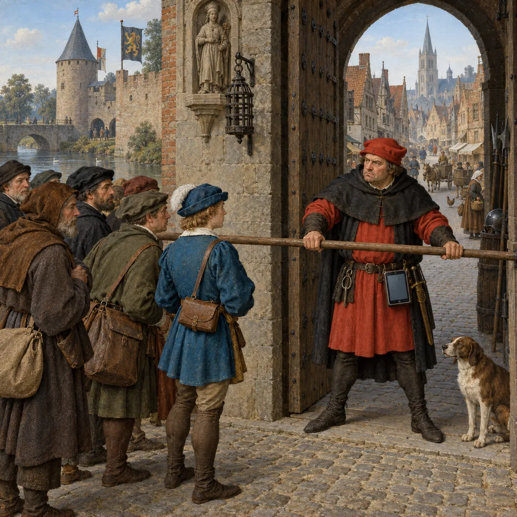 A Flemish-style town gate where a gatekeeper in a red cap holds a pole across the road, and a queue of messengers waits behind it, including one in newer clothes with a lighter satchel.