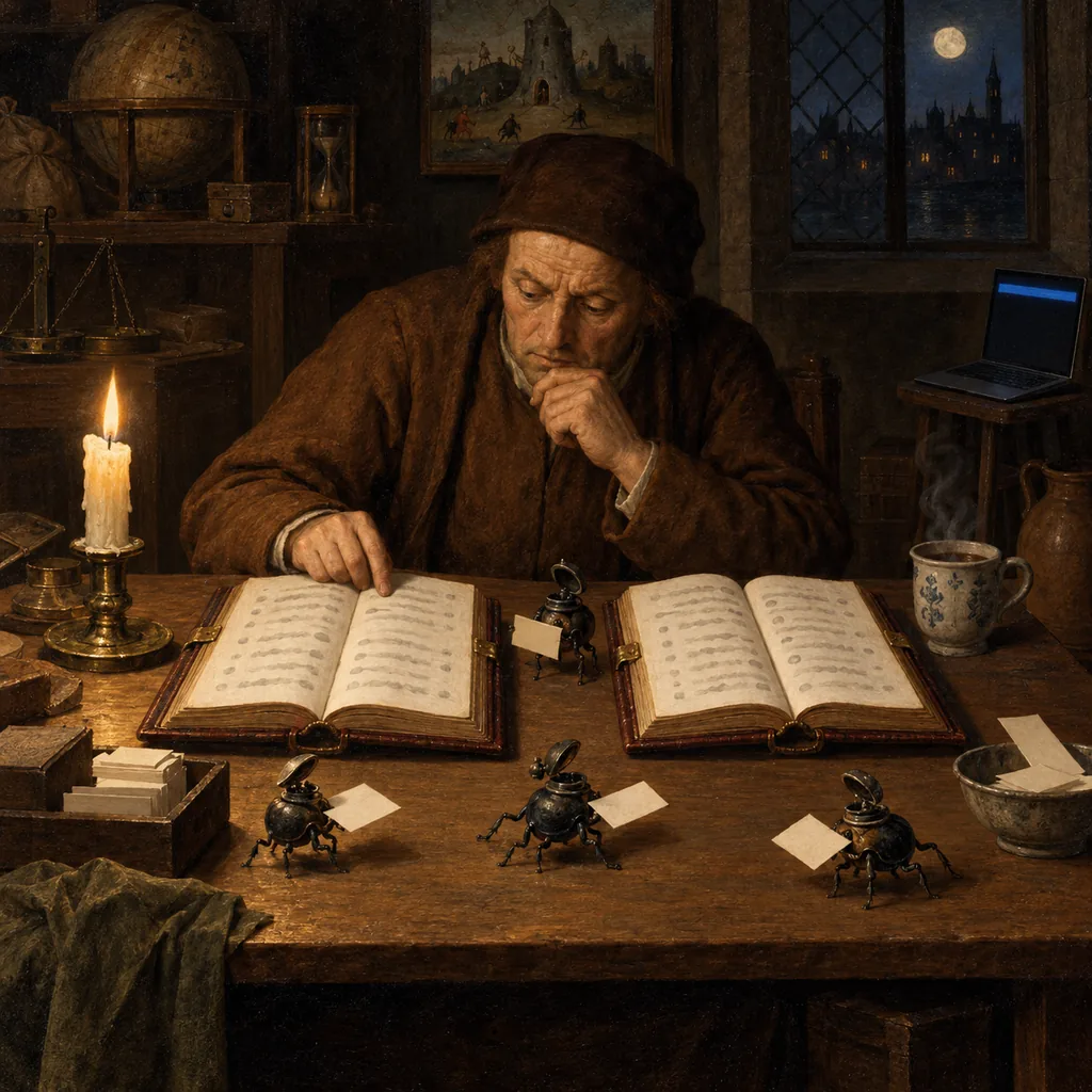 A Bosch-style counting house at night where a man compares two identical ledgers by candlelight, while small beetle-like inkpot creatures carry slips of paper between them and a laptop with a blue banner sits on a stool.