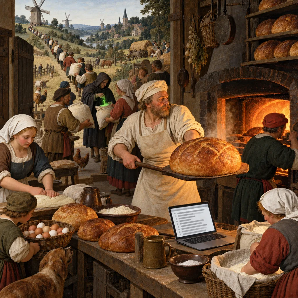 A Flemish-style village bakery where a baker lifts a loaf from the oven while a long chain of peasants passes sacks of ingredients in from distant farms, and one half-hidden figure drops a glowing pinch of something into a passing sack beside a laptop on the counter.