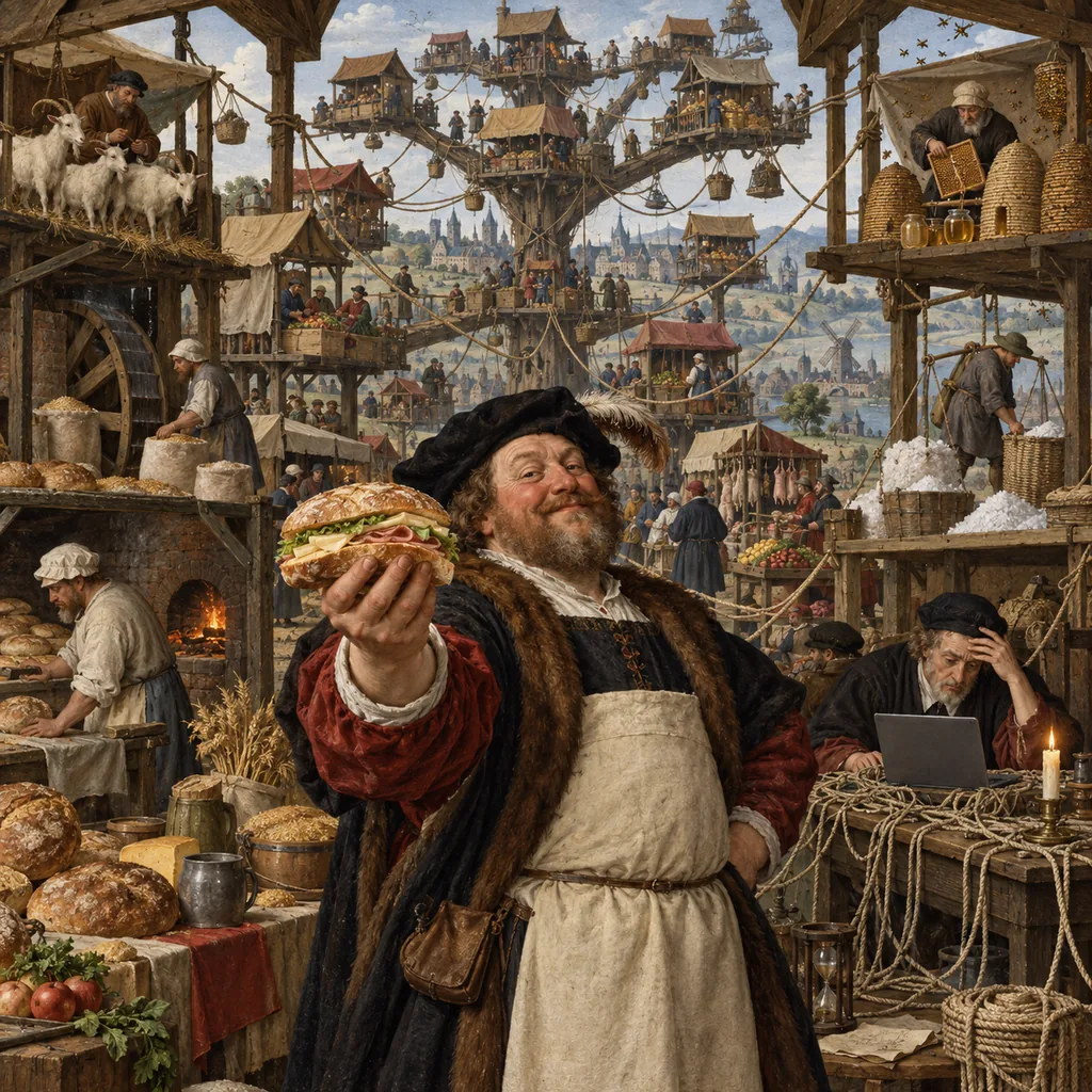 A Flemish market hall where a merchant holds up a sandwich in front of a huge branching tree of connected stalls, some run by a single tired man with a candle, while a clerk with a laptop tries to count the ropes.