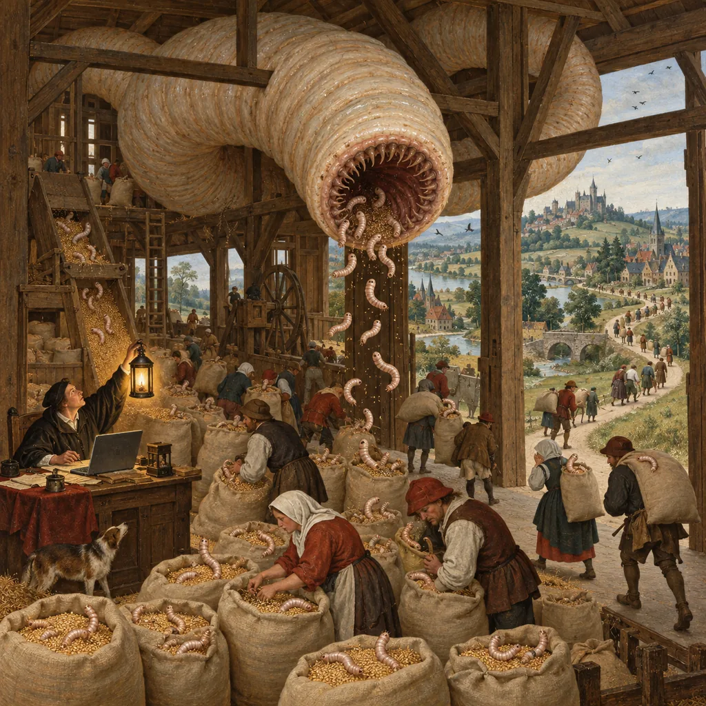 A Bosch-style granary where a huge pale worm coils through the rafters and drops small copies of itself into sacks of grain that villagers carry away to distant villages, while a clerk at a laptop raises a lantern.