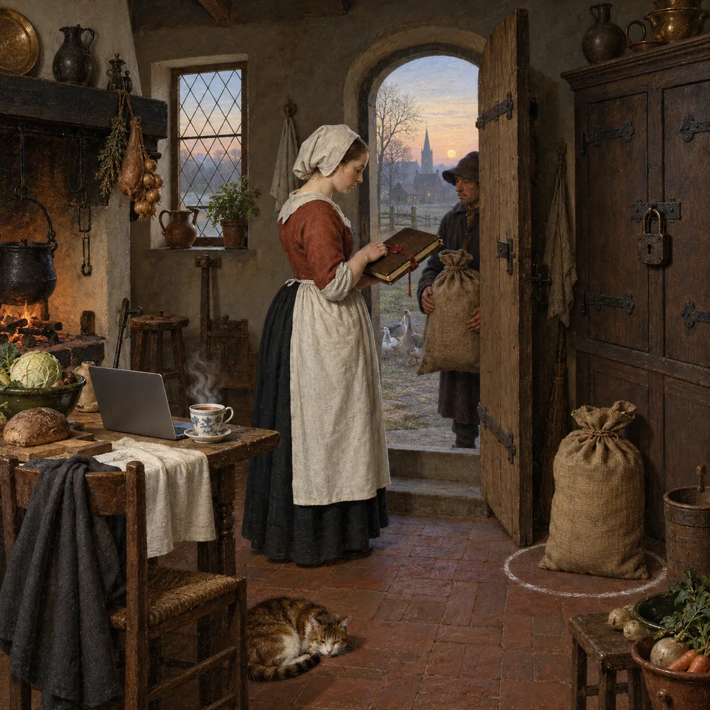 A Flemish kitchen where a woman checks a delivery at the back door against a sealed ledger, with a locked cupboard behind her, a sack resting in a chalk-circled quarantine corner, and a cup of tea steaming beside a laptop.