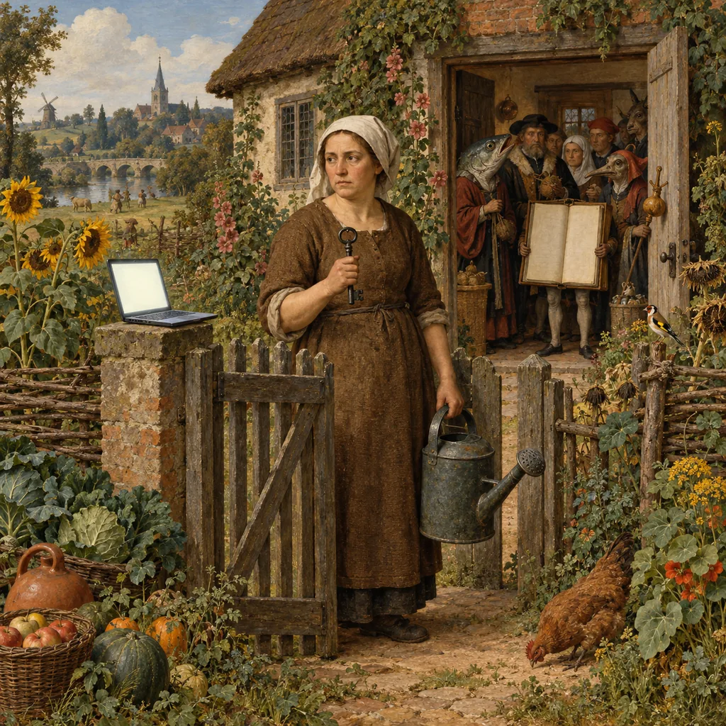 A Flemish-style cottage garden where a house-sitter stands at the gate with a large key and a watering can, while merchants and odd hybrid creatures wait by the open door behind her and a glowing laptop sits on the gatepost.
