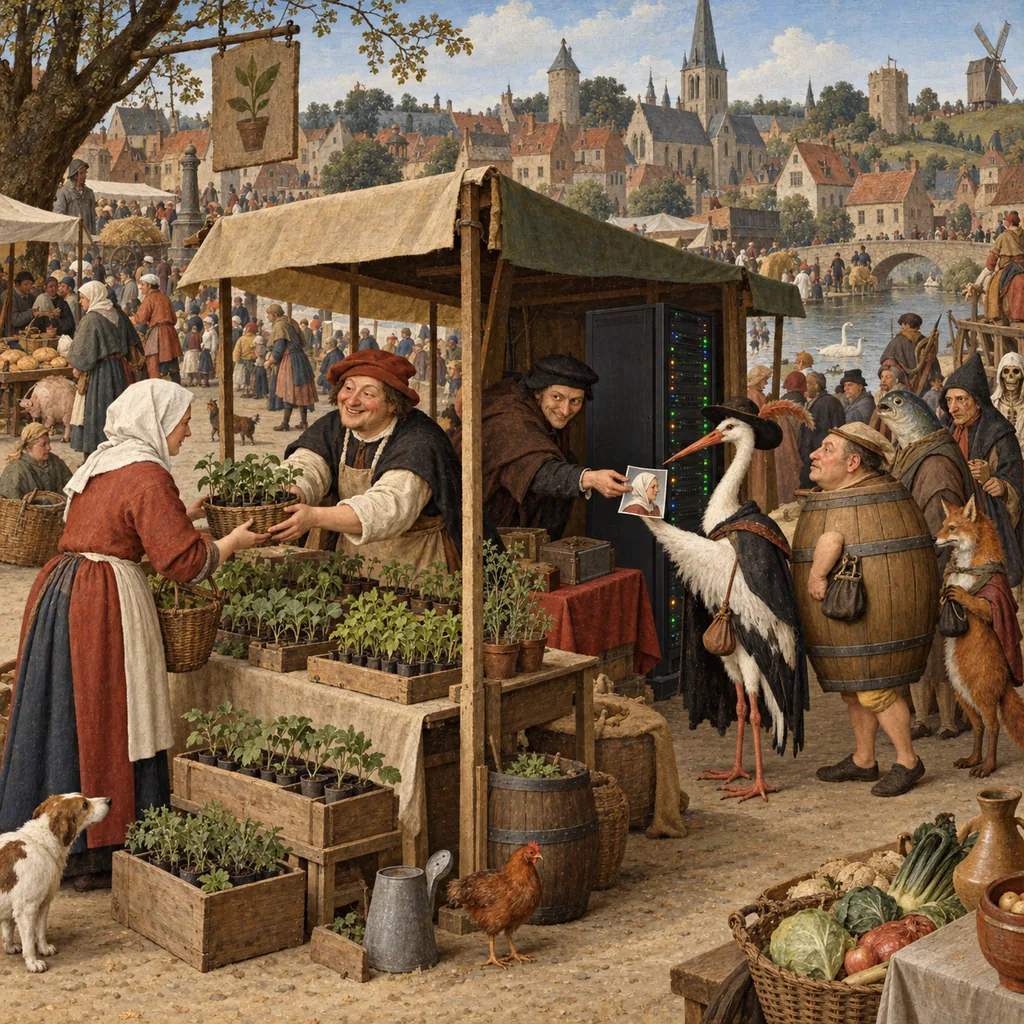 A Bosch-style market stall where a shopkeeper hands seedlings to a customer while, behind the stall, a second shopkeeper passes a note with the customer's portrait to a stork, a barrel-bodied man and a fox with a coin purse, in front of a blinking server cabinet.