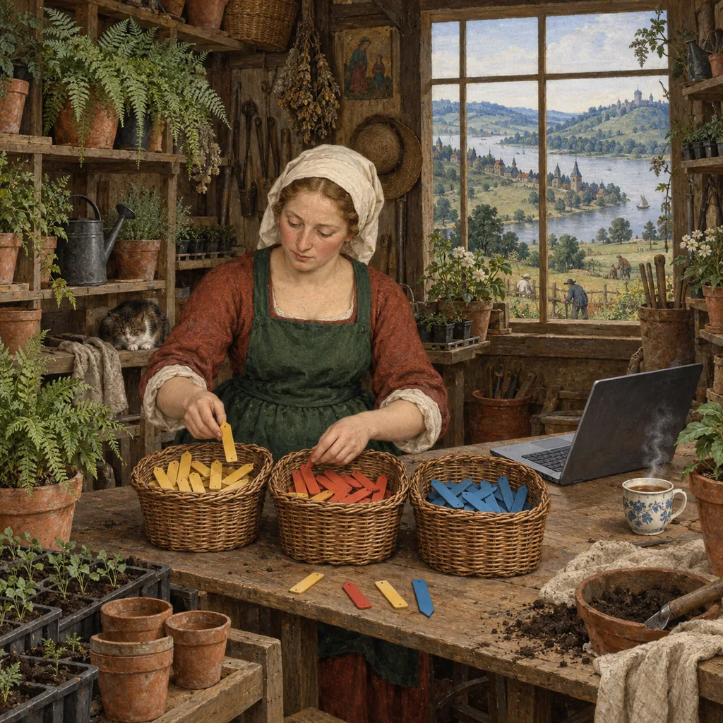 A Bruegel-style potting shed with hills and a river through the window, where a woman in a green apron sorts small wooden tags into three wicker baskets on a bench crowded with seed trays, next to an open laptop and a steaming cup of tea.
