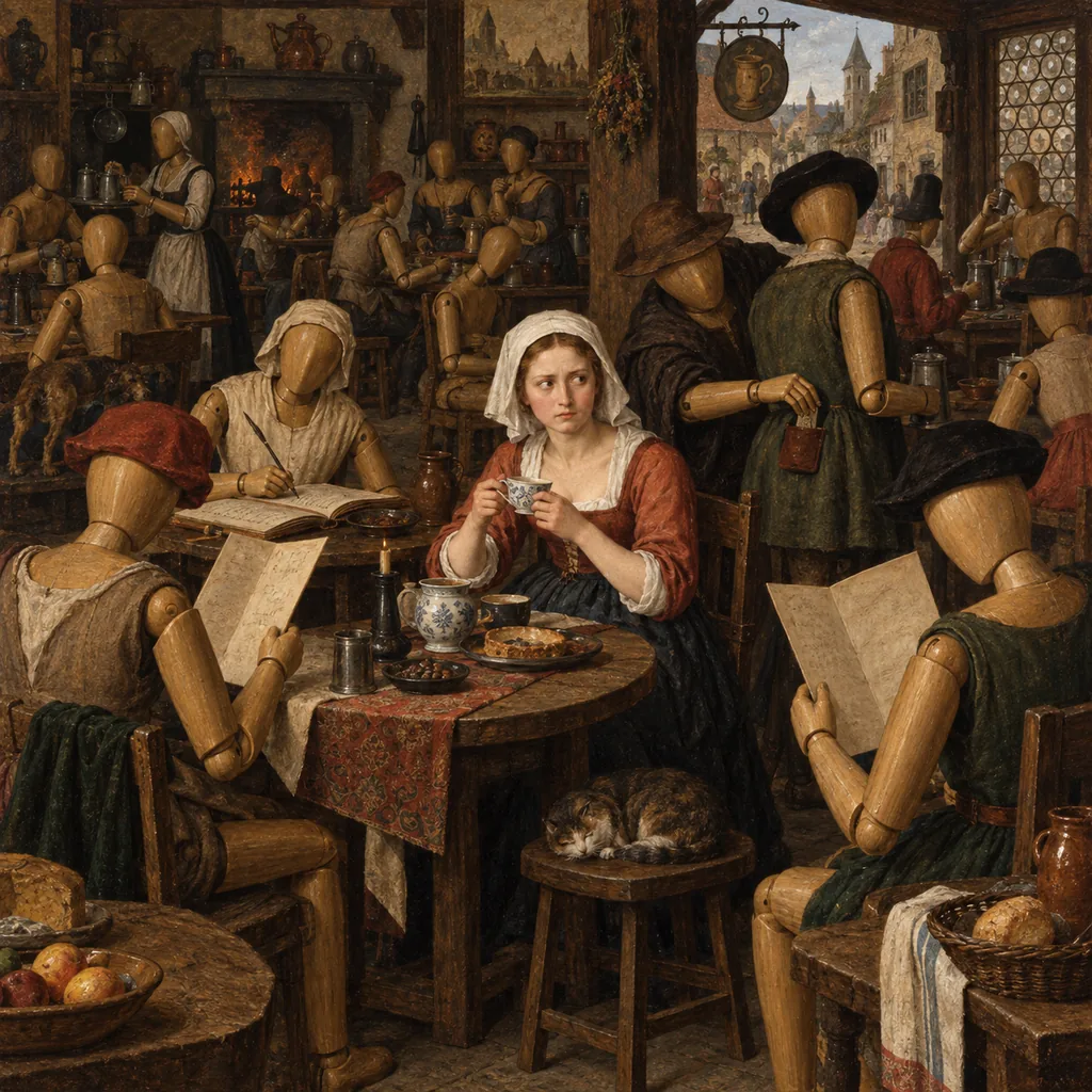 A crowded Flemish-style café where most customers are blank wooden mannequins reading menus and copying recipes, while one real woman with a cup of tea looks around warily.