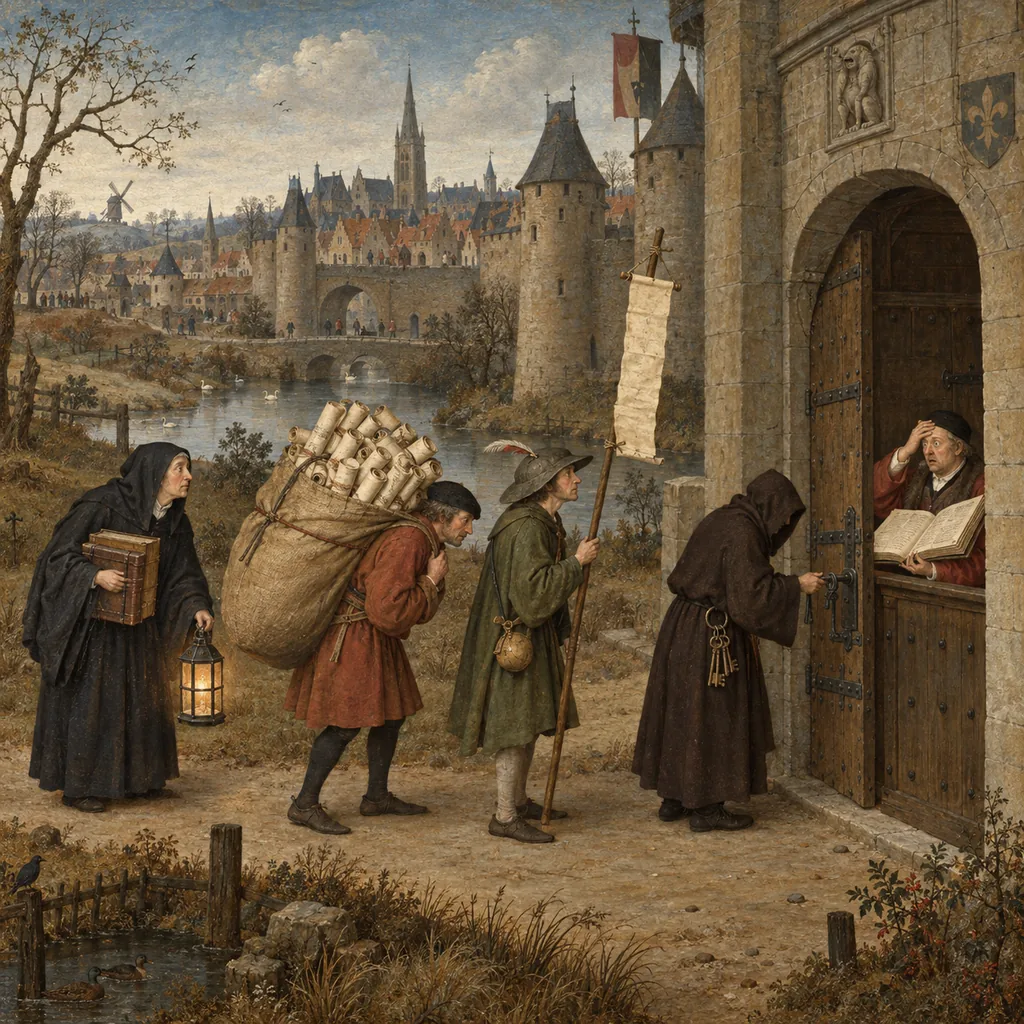 A Bosch-style town gate where a librarian with a lantern, a scribe hauling a huge sack of scrolls, a messenger with a shopping list on a pole and a hooded figure trying keys in the lock queue past an overwhelmed clerk holding a ledger.