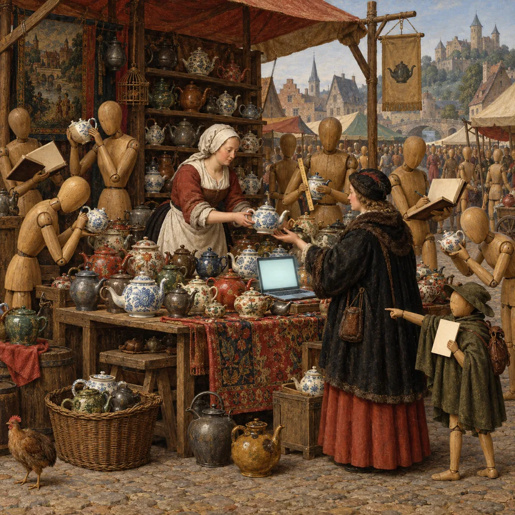 A Flemish-style market stall full of teapots where a woman in an apron serves one real customer while wooden mannequins measure the pots, copy prices into ledgers and peer into spouts, and a small cloaked mannequin points at one teapot with a shopping list.