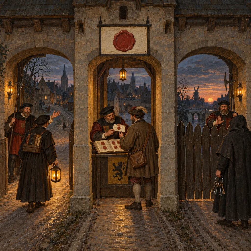 A Flemish-style village gate at dusk with three lanes: a gatekeeper waves through a librarian with a lantern, a second checks the wax seal on a messenger's letter against a book of seals, and a fence stops a hooded figure holding a ring of keys.