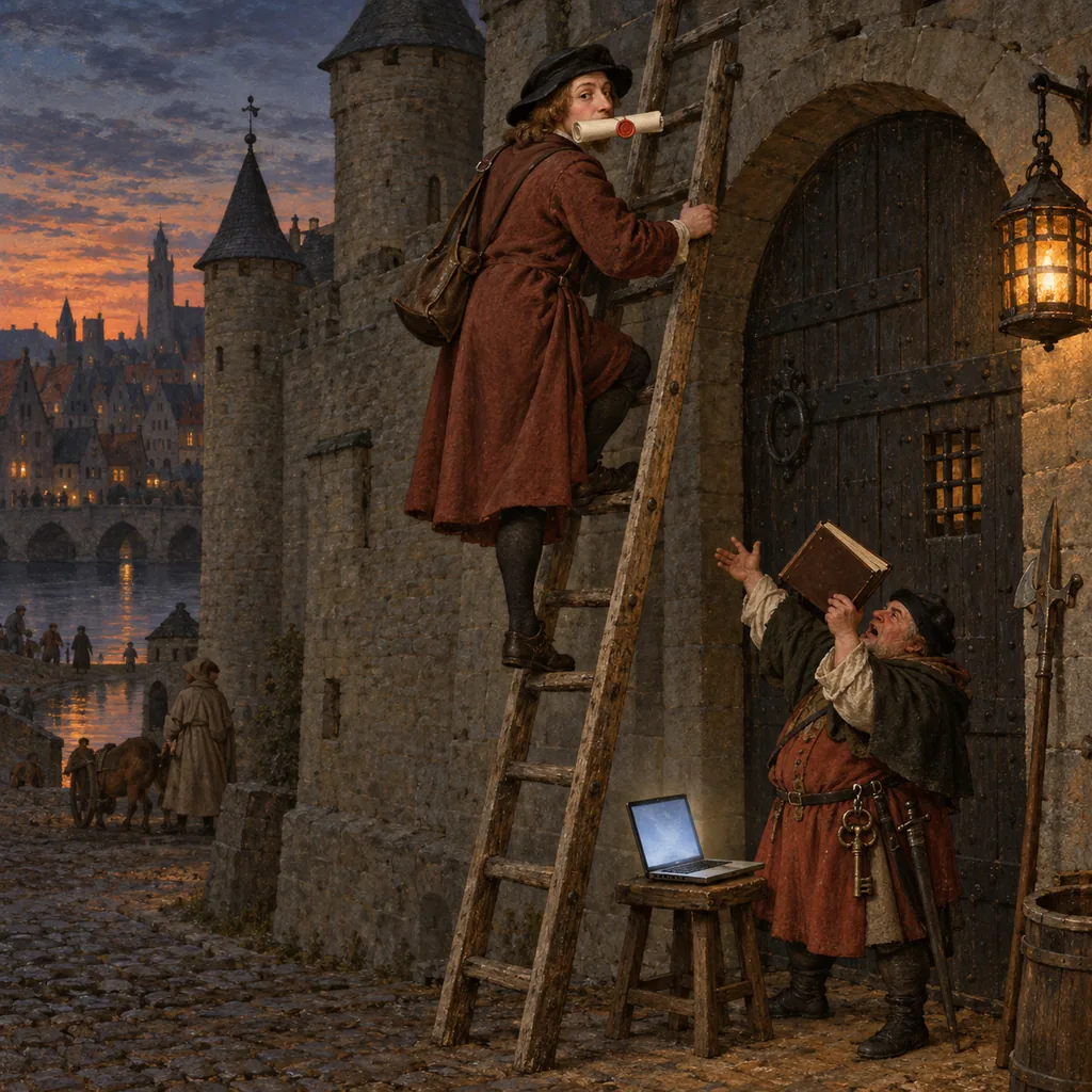 A Flemish-style town gate at dusk where a calm, polite messenger climbs a ladder over a locked wall with a scroll marked STATISTICS in his teeth, while a gatekeeper below waves a ledger; an open laptop sits on a stool.