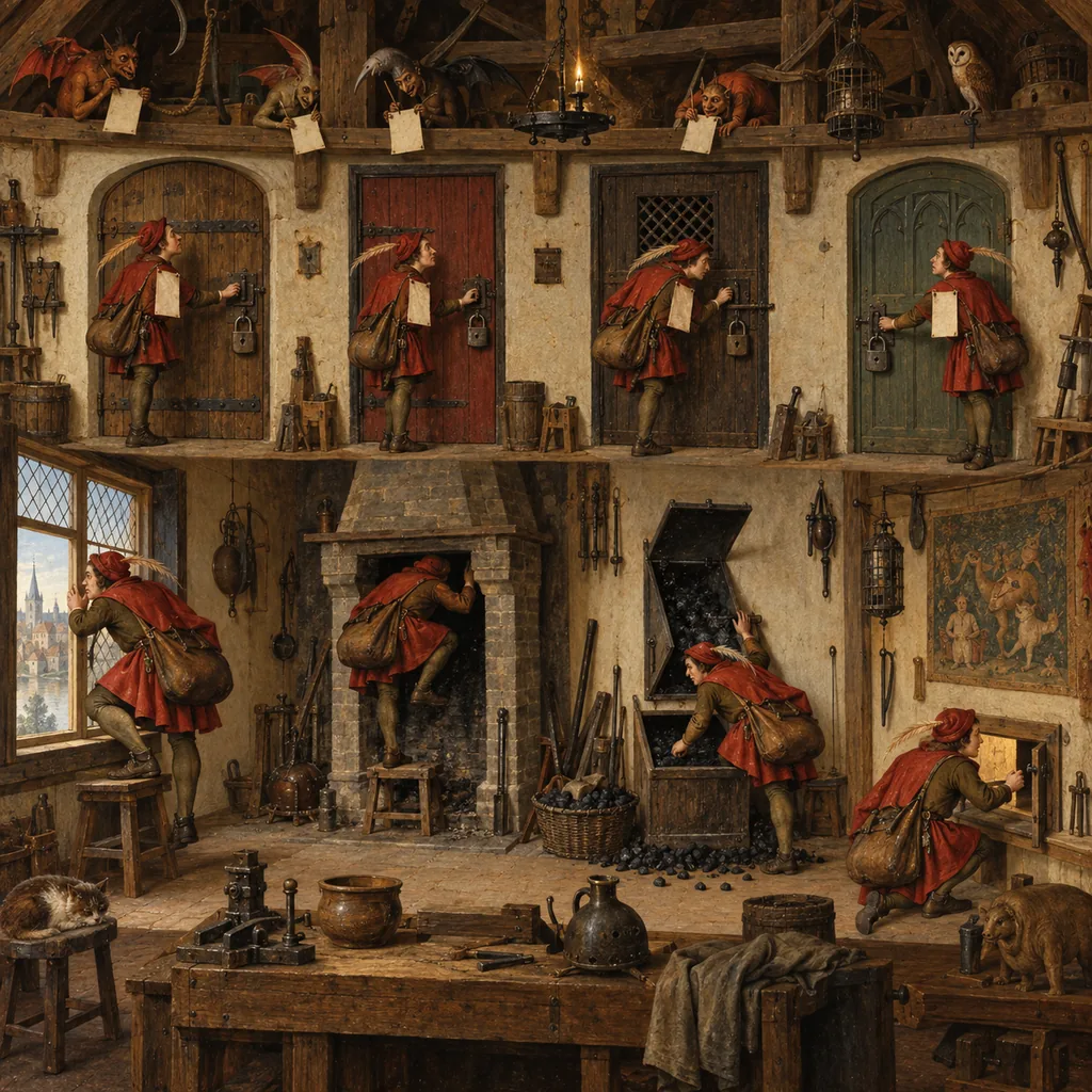 A Bosch-style workshop where one messenger with a to-do list nailed to his chest calmly tries a window, a chimney, a coal chute and a delivery hatch after finding four doors locked, while imps in the rafters take notes.