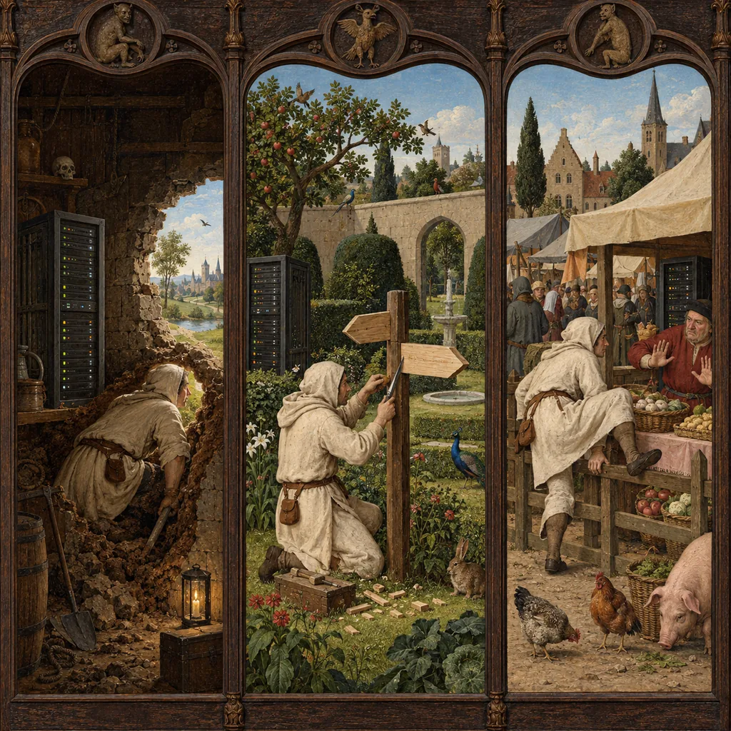 A Flemish triptych: left, an agent tunnels out of a sealed cellar into open air; middle, an agent inside a walled garden re-carves a signpost; right, an agent climbs a low market fence after a stallholder refuses it. A server rack stands in each panel.