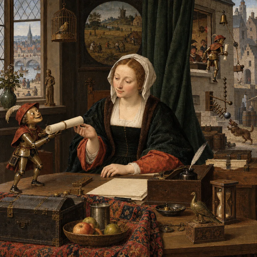 A Bruegel-style interior where a calm analyst receives a neat scroll from a small mechanical clerk; behind a curtain she cannot see, the same clerk climbs through the back window of a distant counting-house to fetch it, alarms ringing.