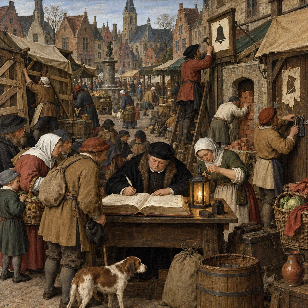 A crowded Flemish village square where townsfolk fortify market stalls: one posts a fault-reporting notice, one lights a lantern over ledgers, one bricks up an ajar side door, one replaces a paper STAFF ONLY sign with a real lock, and a clerk logs every visitor.