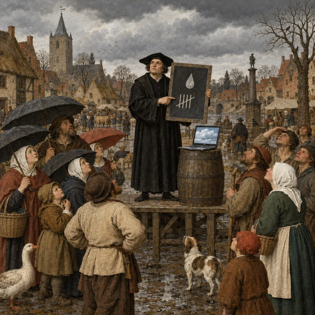 A Flemish-style village square under grey clouds, where a robed weather clerk on a platform holds up a slate with a painted raindrop while villagers look up, some with umbrellas, and a glowing laptop sits on a barrel beside him.