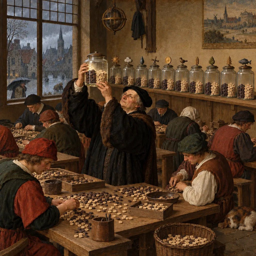 A crowded Flemish-style counting house where clerks sort wooden tokens into a row of jars, each with a wet pile and a dry pile, while a senior clerk inspects one jar against the light and rain falls outside.
