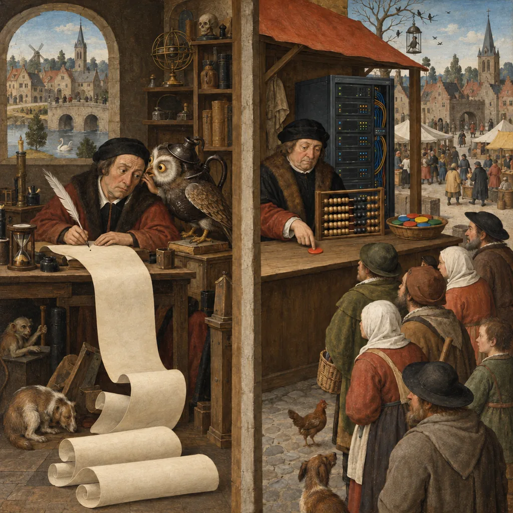 A Bosch-style scene where, on the left, a scribe writes a long scroll letter by letter as an owl-headed inkpot creature whispers to him, and on the right, a trader with an abacus places single coloured tokens on a counter in front of a server cabinet.