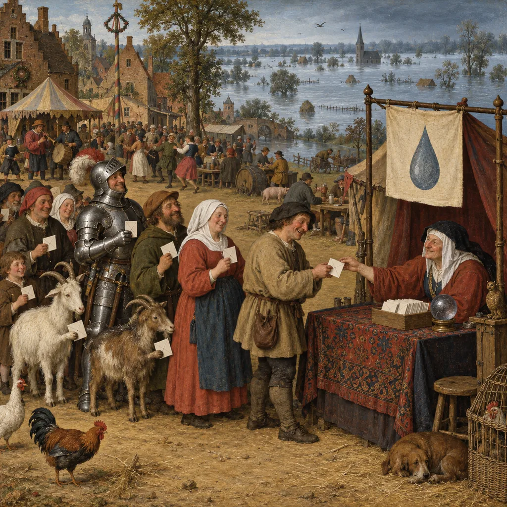 A Flemish-style village fair where a fortune teller hands the same folded card to a long queue of peasants, goats and a knight, while a flood rises unnoticed over a distant field.