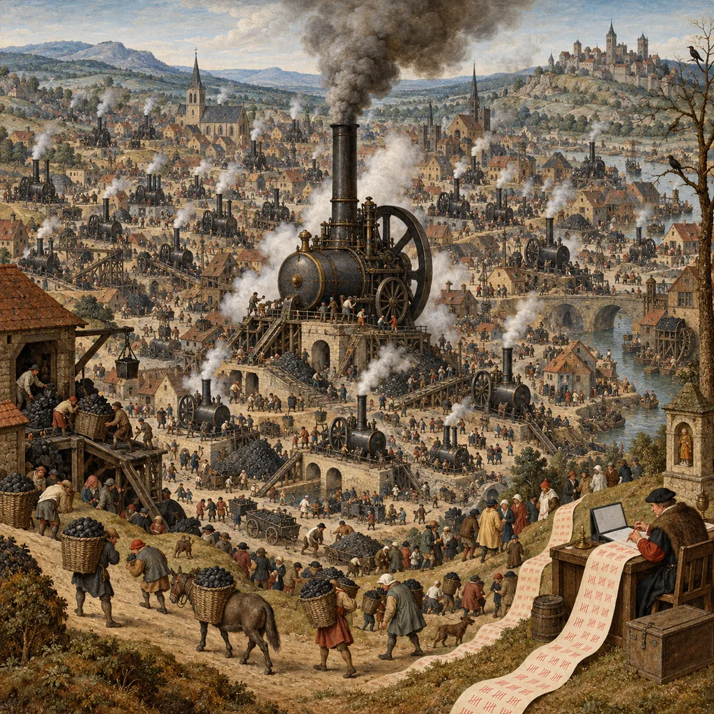 A Bruegel-style coal town viewed from a hill, where one steam engine is surrounded by hundreds of smaller engines and workers carrying coal, and a clerk with a laptop tallies red marks in a ledger that runs off his desk and down the slope.