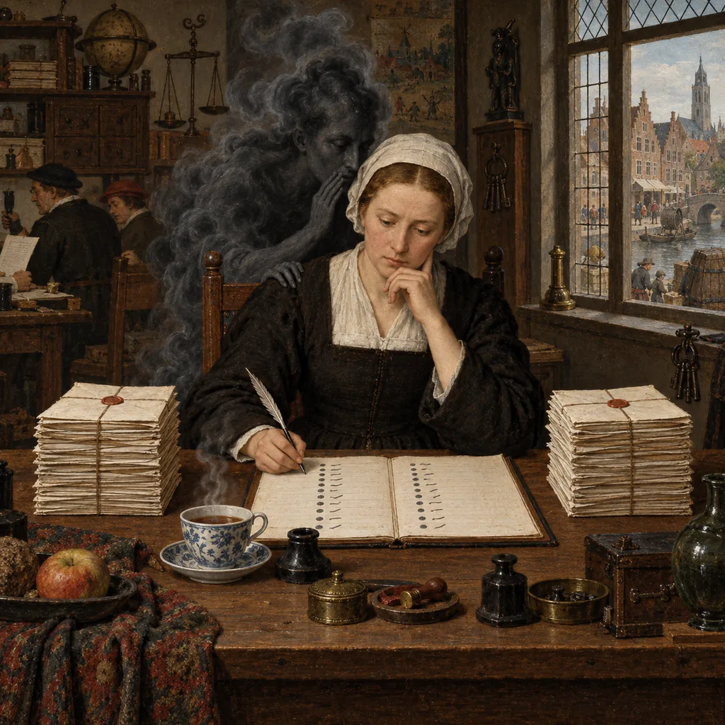 A Flemish-style counting room where a woman at a desk sorts two stacks of letters and writes in a two-column ledger, while a smoky shadow apprentice behind her whispers, and a cup of tea steams beside her.