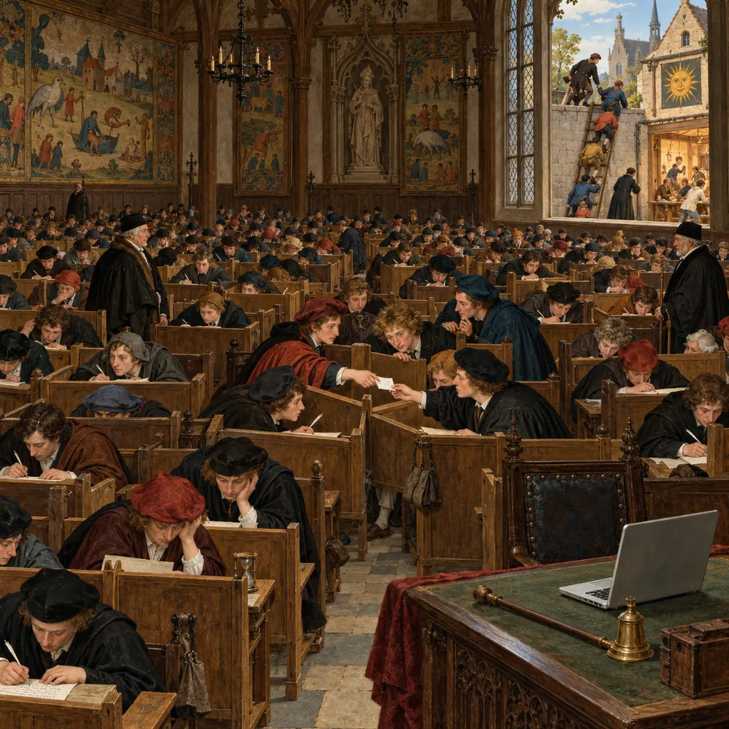 A crowded Flemish-style examination hall where robed students at partitioned desks lean over to pass a folded note, while a few climb a ladder through a back window into a bright neighbouring workshop and a laptop sits on the invigilator's empty desk.