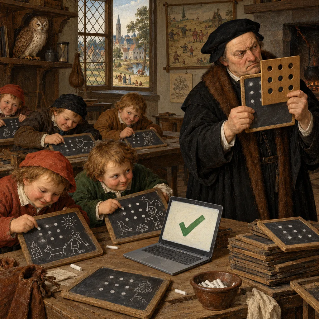 A Flemish-style schoolroom where a schoolmaster checks slates against a wooden template with holes, while pupils behind him fill in only the spots under the holes and doodle nonsense elsewhere, watched by an owl, with a laptop showing a green tick among the slates.