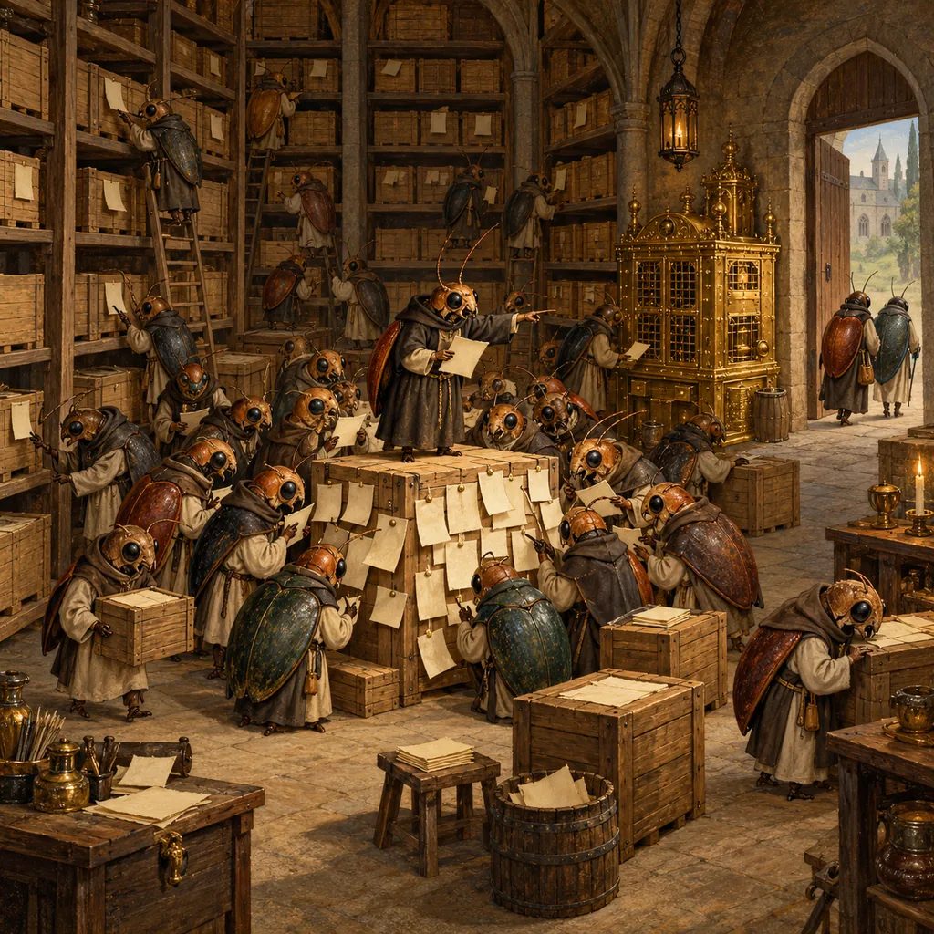 A Bosch-style monastery storeroom where small scribe-beetle creatures pin notes to crates and crowd around one crate covered in messages, while one creature on a crate points and most follow, and two walk away towards the door beside a brass server cabinet.