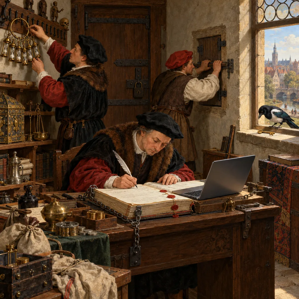 A Flemish-style counting house where clerks hang small keys tagged with hourglasses, bolt a single narrow hatch, and write in a chained, wax-sealed ledger beside a laptop, while a magpie eyes a stray key on the windowsill outside.
