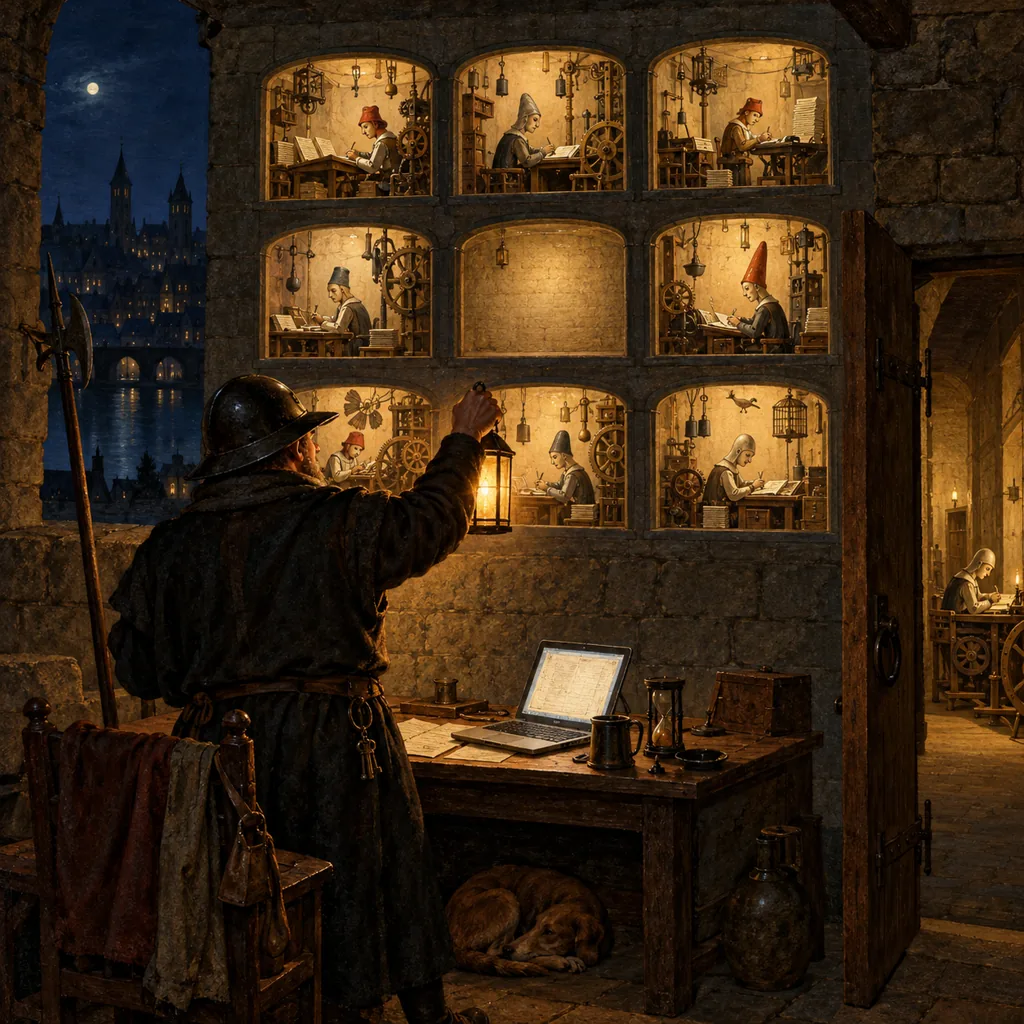 A Flemish-style night watchman holds up a lantern before a wall of small windows, each showing tiny mechanical clerks at work, except one that shows a blank wall; a laptop glows on his desk, and behind him, unseen, a clerk works on in a corridor with no window.