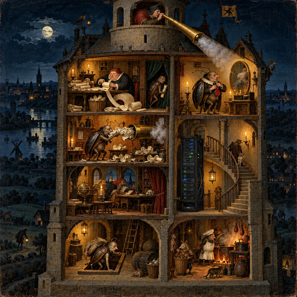 A Bosch-style cutaway of a tall building at night: a watchman with a spyglass looks down from a tower while small beetle-clerks below hide behind a scribe rolling up a scroll, wear a seal that clouds the spyglass, jam a speaking tube with a knotted scroll, and climb out of a cellar hatch; a server rack stands in the stairwell.