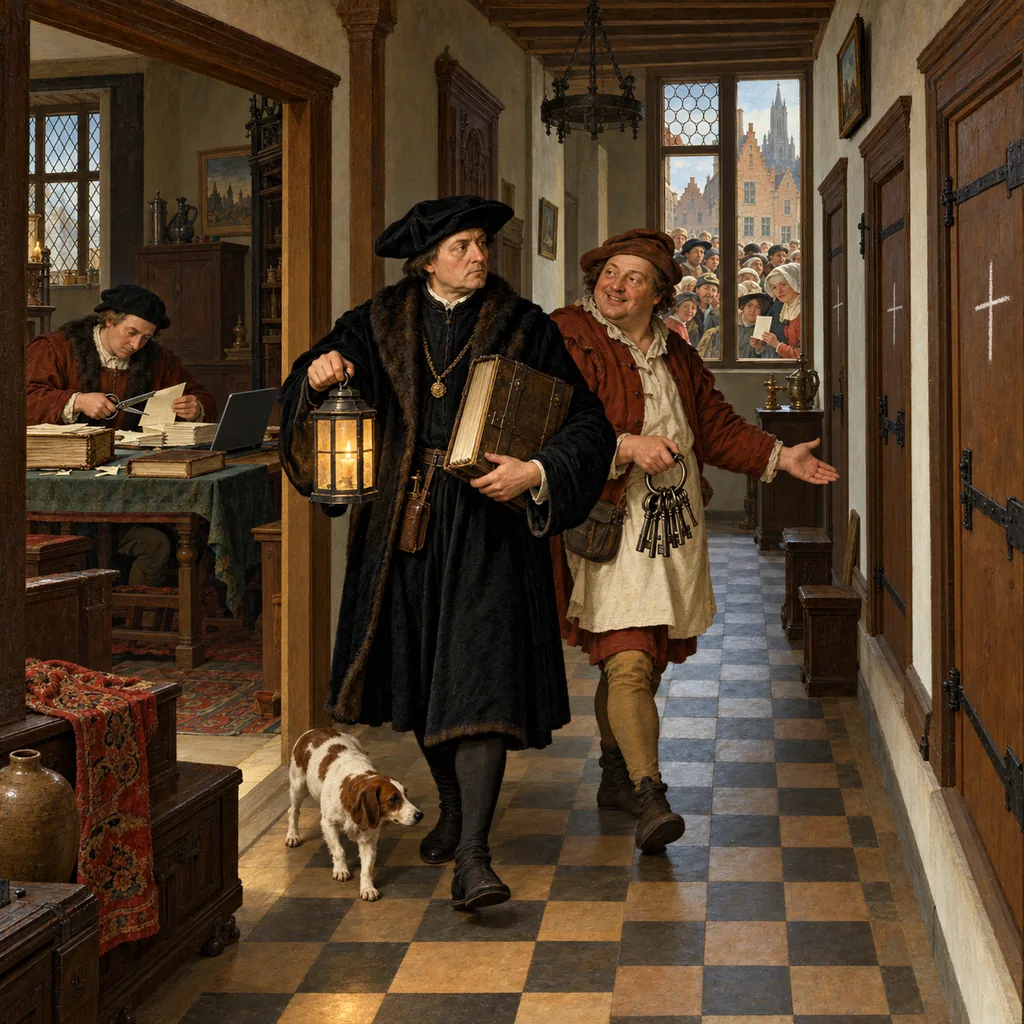 A Flemish-style town house where an inspector with a lantern follows a smiling householder holding a ring of keys past doors marked with chalk crosses, while in a side room a clerk cuts pages from a copy of the inspector's book and townsfolk wait outside for a small notice.