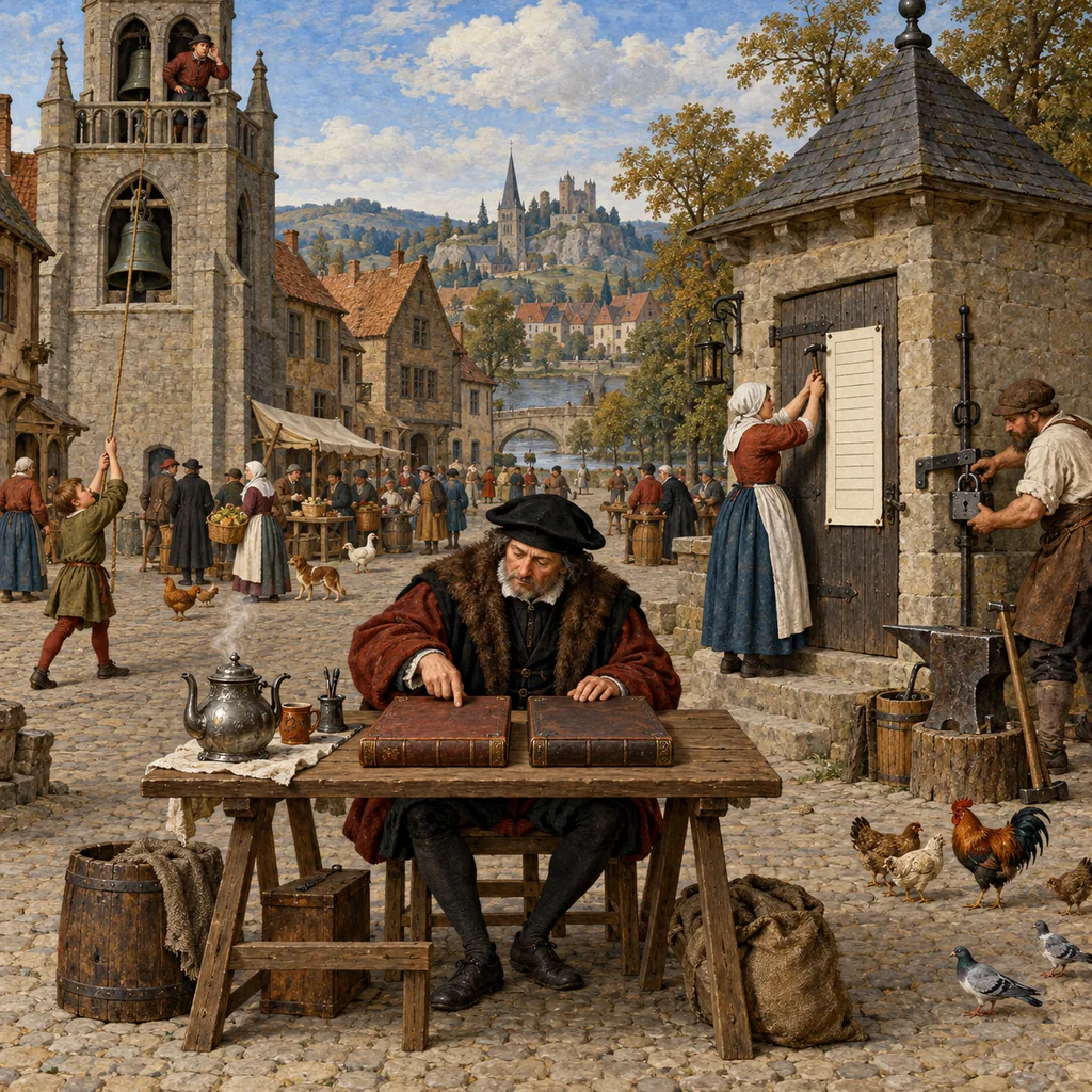 A Bruegel-style village square where a clerk compares two ledgers side by side, a boy tests a bell rope while a watchman listens, a blacksmith padlocks a lever on the guardhouse, and a woman nails a list to its door, with a teapot steaming on the table.