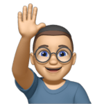 A cartoon-style avatar representing NEOBADGER, featuring a person with short dark hair, round glasses, and blue eyes, wearing a light blue shirt. They are smiling and raising their right hand in a waving gesture, symbolizing a friendly and approachable identity.