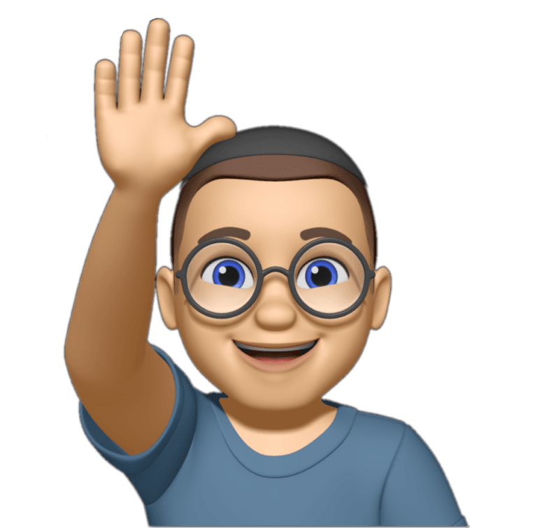 A cartoon-style avatar representing NEOBADGER, featuring a person with short dark hair, round glasses, and blue eyes, wearing a light blue shirt. They are smiling and raising their right hand in a waving gesture, symbolizing a friendly and approachable identity.