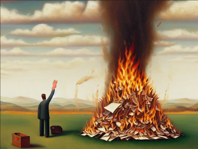 A man waves goodbye as a towering inferno of documents burns, symbolizing the end of Universal Analytics data.